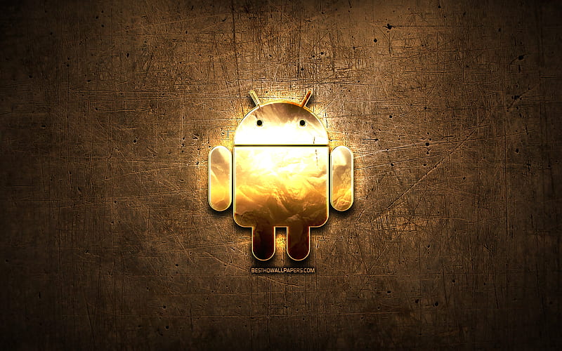 Android golden logo, artwork, brown metal background, creative, Android logo, brands, Android, HD wallpaper