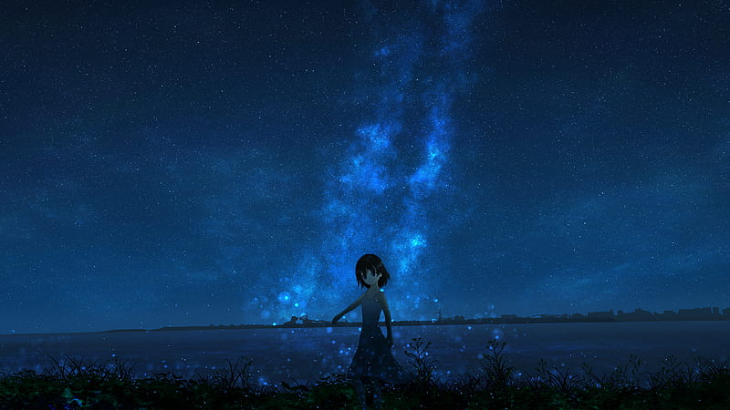 girl, night, starry sky, anime, HD wallpaper