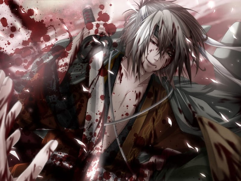 Okita Souji, manga, anime, katana, blood, HD wallpaper Okita Souji, manga, anime, katana, blood, HD wallpaper