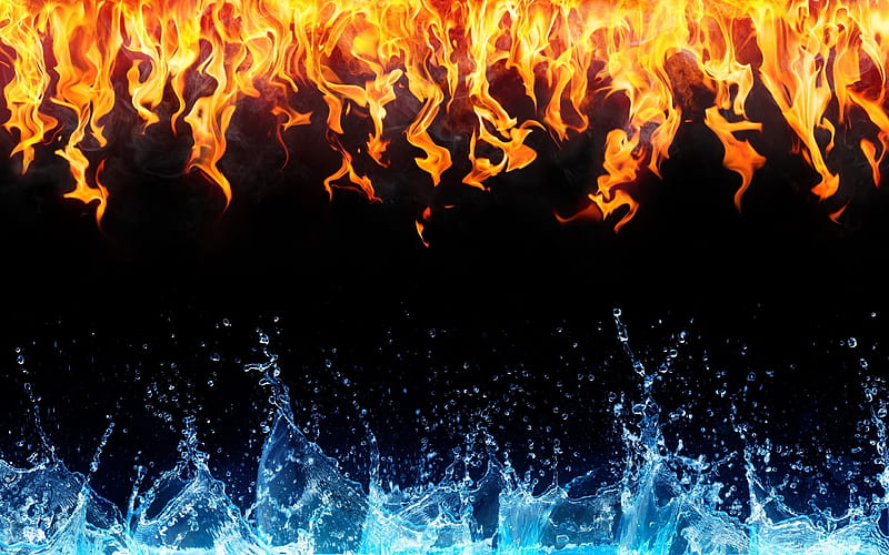 fire and water, flame, water spray, HD wallpaper
