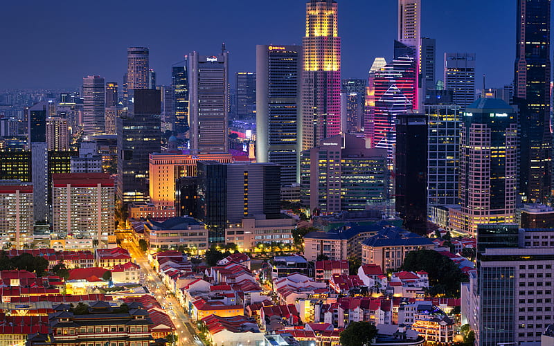 Singapore, night, cityscape, modern buildings, evening, skyscrapers, Asia, HD wallpaper