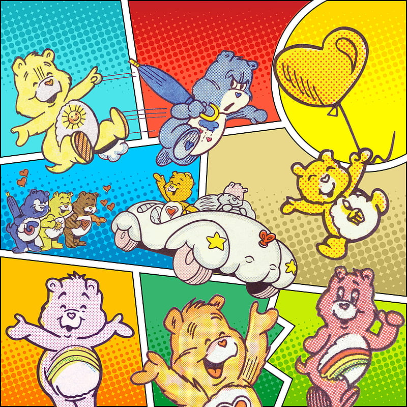Retro Comic Book Bears, Care, action, bright, busy, care bears, cartoon, classic, comic book, cool, cute, fun, funny, halftone, happy, old, rainbow, vintage, HD phone wallpaper