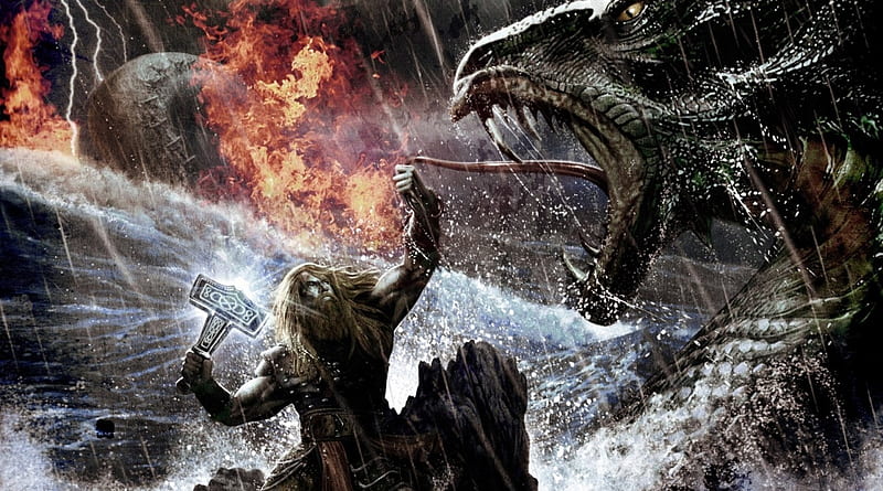 Odin and the serpent of the sea, fantasy, amon amarth, epic, odin, ocean, dragon, HD wallpaper