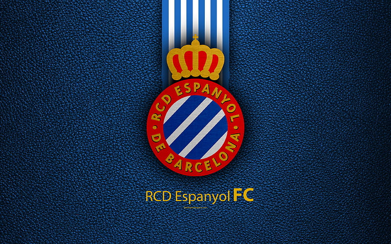 RCD Espanyol FC Spanish football club, La Liga, logo, emblem, leather texture, Barcelona, Catalonia, Spain, football, HD wallpaper
