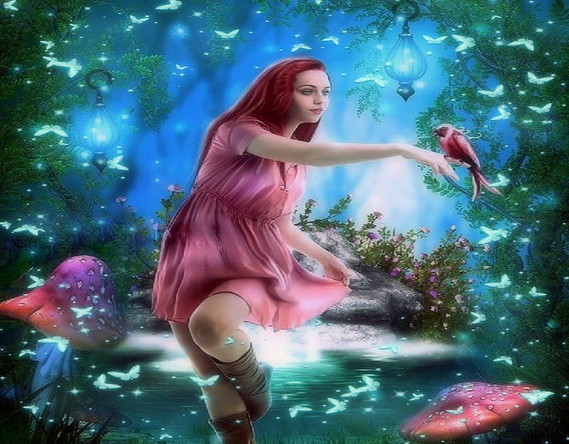 ~Enjoy Sparkling Forest~, redhead, softness beauty, attractions in dreams, bonito, digital art, woman, lights, fantasy, manipulation, flowers, forests, girls, butterfly designs, animals, blue, models female, sparkling, enjoy, lanterns, blue dreams, colors, love four seasons, birds, creative pre-made, butterflies, spring, fireflies, weird things people wear, backgrounds, mushrooms, lady, HD wallpaper