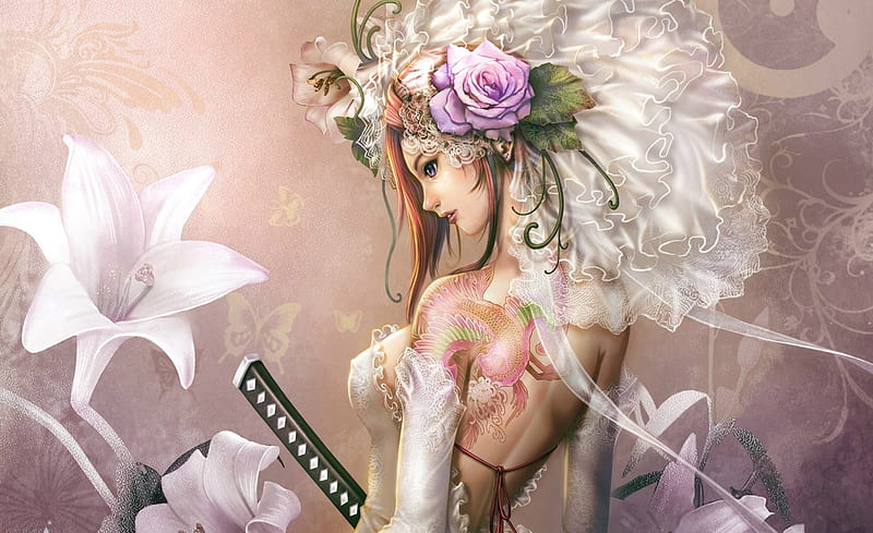 Samurai bride, rose, veil, bride, woman, fantasy, samurai, beauty, pink, sword, frumusete, luminos, tattoo, girl, katana, flower, lily, white, HD wallpaper