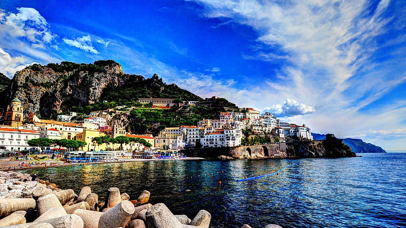 fantastic view of an italian coastal town, town, sky, hill, coast, sea, HD wallpaper