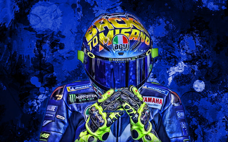 Valentino Rossi, blue paint splashes, MotoGP, grunge art, racing bikes, Monster Energy Yamaha MotoGP, Yamaha, HD wallpaper