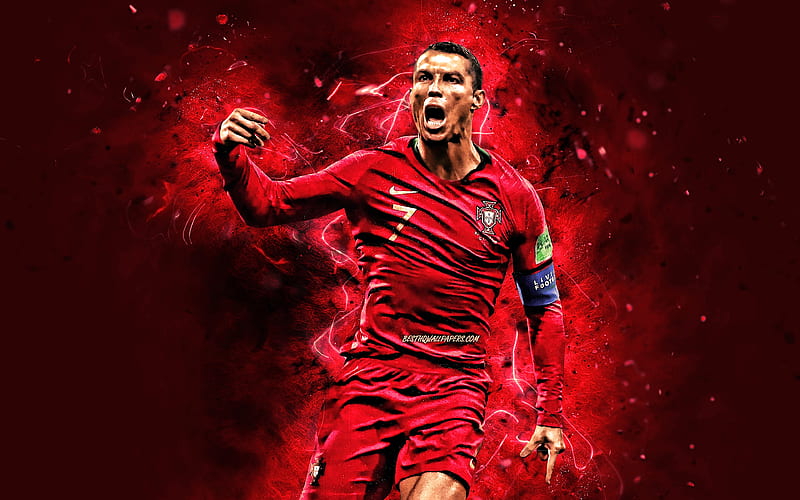 Cristiano Ronaldo, 2019, joy, Portugal National Team, goal, soccer, CR7, Portuguese football team, Ronaldo, red neon lights, Cristiano Ronaldo dos Santos Aveiro, HD wallpaper