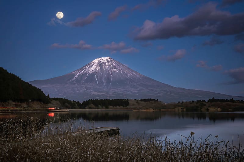 Full Moon on Mt.Fuji, Japan, full moon, nature, japan, mountain, lake, HD wallpaper