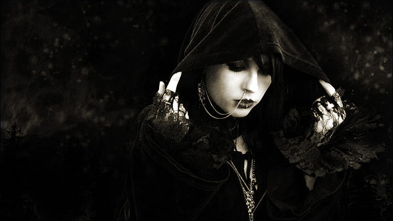 Dark Beauty, goth, girl, gothic, dark, black and white, beauty, mysterious, HD wallpaper