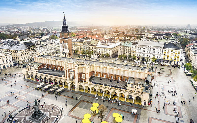 Main Market Square, St Marys Basilica, Krakow, Brick Gothic church, evening, sunset, landmark, Krakow cityscape, Poland, HD wallpaper