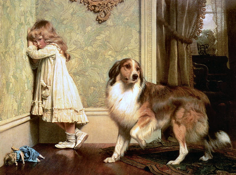 A Special Collie F, art, old master, bonito, Charles Burton, pets, illustration, artwork, canine, Burton, animal, little girl, painting, wide screen, collie, dogs, HD wallpaper