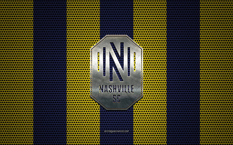 Nashville SC new logo, American football club, metal emblem, yellow-blue metal mesh background, Nashville SC, MLS, Nashville, Tennessee, USA, football, HD wallpaper
