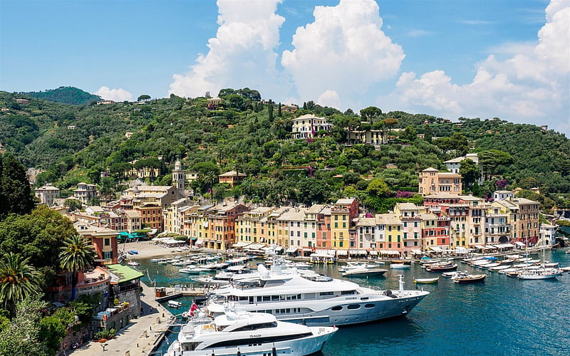bay, boat, beach, coast, Portofino, Liguria, Italy, Mediterranean Sea, HD wallpaper