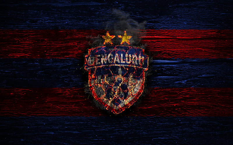 Bengaluru FC, fire logo, Indian Super League, blue and red lines, ISL, Indian football club, grunge, football, soccer, logo, Bengaluru, wooden texture, India, HD wallpaper