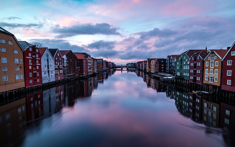 Port Small Town River Trondheim Norway, HD wallpaper