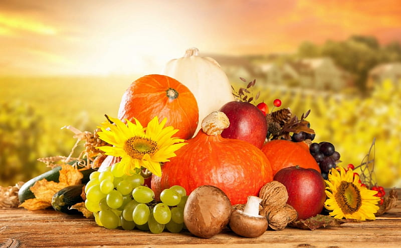 'Autumn Harvest', fall, colorful, autumn, Autumn Harvest, fruits, bonito, beautiful autumn, grapes, graphy, leaves, sunflowers, bright, lovely still life, walnuts, harvest, lovely, apples, colors, love four seasons, autumn beauty, creative pre-made, nature, mushrooms, pumpkins, HD wallpaper