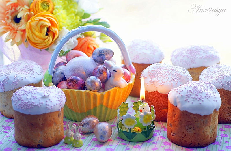 Easter time, table, candle, Easter, holidays, basket, eggs, flowers, HD wallpaper