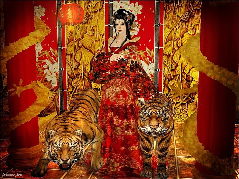 Oriental Beauty, fantasy, queen, flowers, tigers, bonito, woman, dragons, HD wallpaper