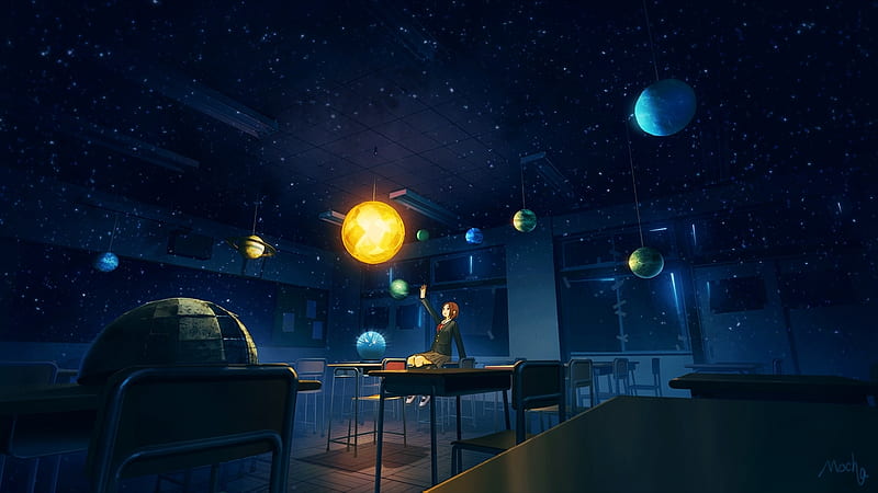 anime girl, classroom, planetary system, stars, Anime, HD wallpaper