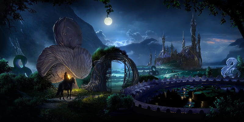 The Sorcerer's castle, moon, magdalena katanska, exterior, castle, blue, art, frumusete, luminos, moon, fantasy, HD wallpaper
