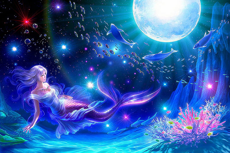 Mermaid, pretty, fish, sea, lights, animal, fantasy, moon, anime, color,  hot, HD wallpaper