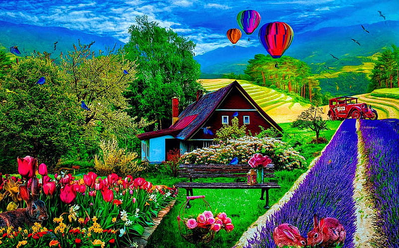 It's Springtime, balloons, art, countryside, cottage, flowers, fields, tulips, sky, HD wallpaper