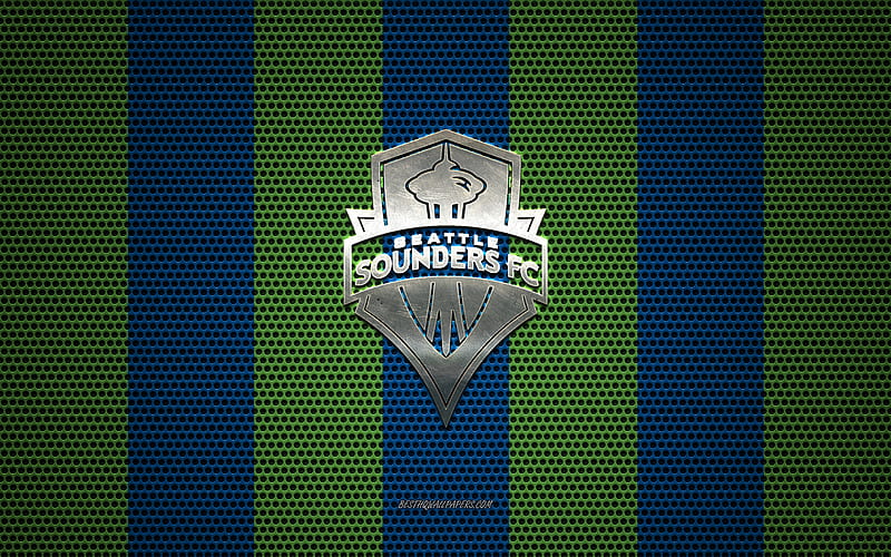 Seattle Sounders FC logo, American soccer club, metal emblem, blue green metal mesh background, Seattle Sounders FC, MLS, Seattle, Washington, USA, soccer, HD wallpaper