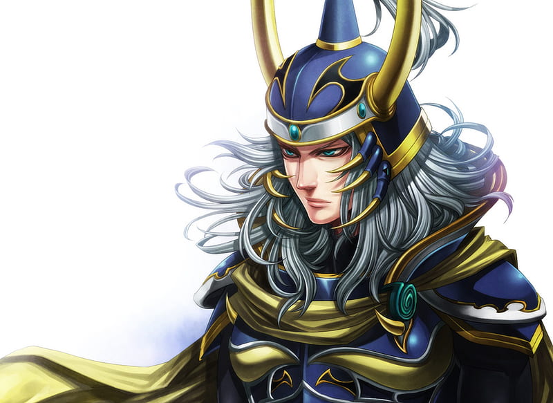 Warrior of Light, white hair, video games, yellow, horns, helmet, anime, final fantasy, white, long hair, armour, blue, HD wallpaper