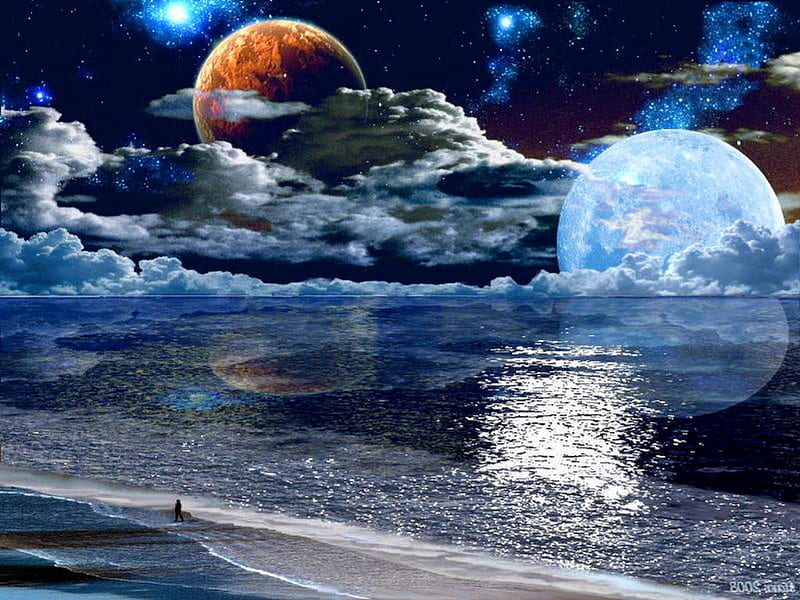 The wonder of it all, beach, moon, planet, Ocean, beauty, man, wonder, HD wallpaper