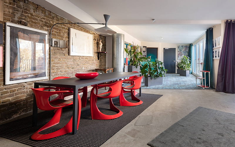 stylish interior design, dining room, red plastic chairs, red round vase, modern interior design, HD wallpaper