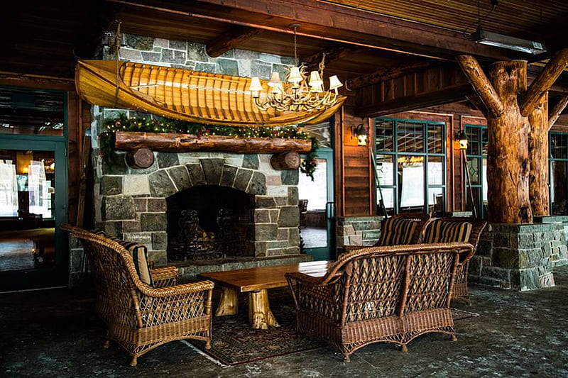 Whiteface Lodge, slate, cozy, living room, wicker, cabin, canoe, log, stone, fire place, HD wallpaper