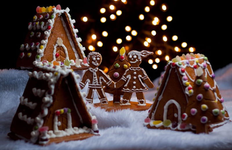 Gingerbread Christmas, holidays, gingerbread houses, delicious, christmas, lights, HD wallpaper