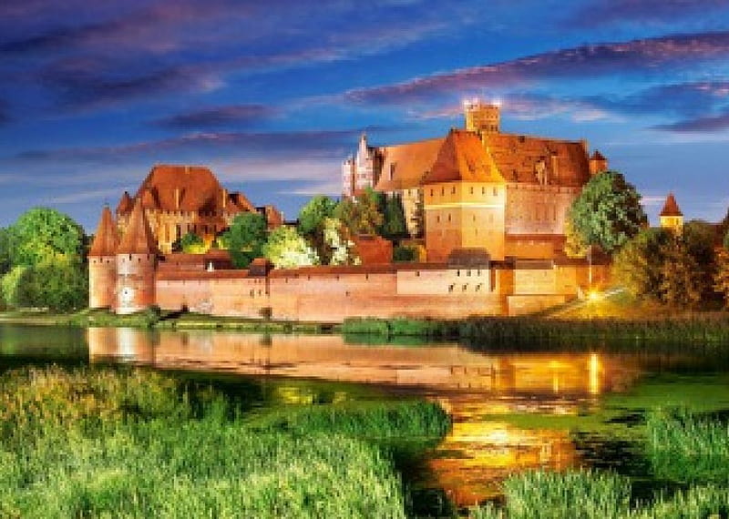 Marienburg Castle, Poland, building, river, walls, landscape, HD wallpaper
