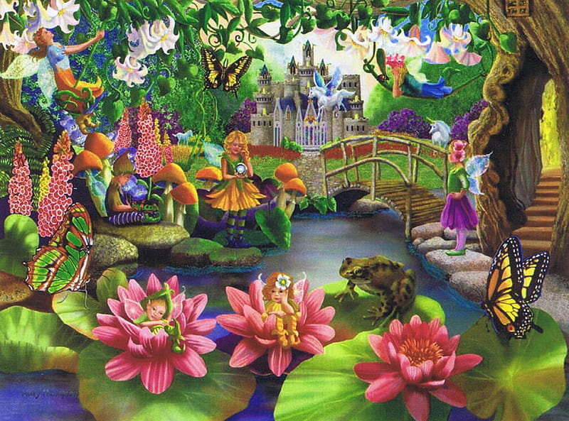 Little Fairies at Play, waterlilies, butterflies, artwork, pond, frog, pegasus, bridge, painting, blossoms, flowers, castle, HD wallpaper