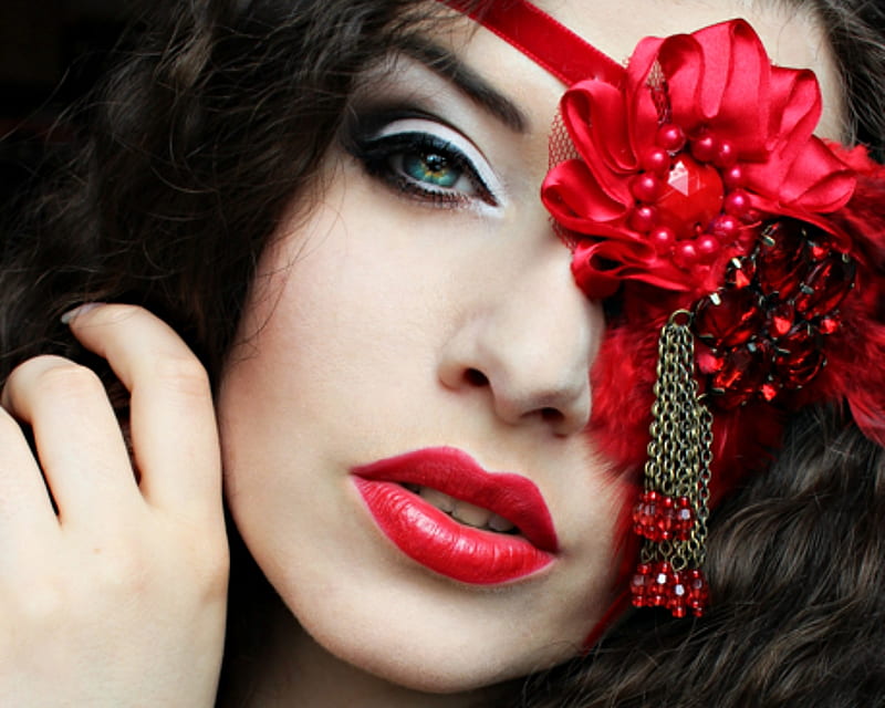Beauty, red, model, gipsy, woman, lips, la esmeralda, girl, flower, jewel, face, HD wallpaper