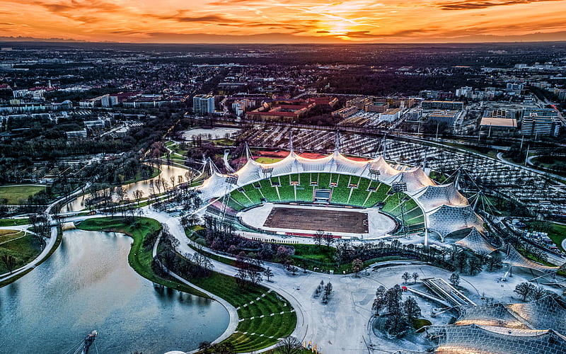 Munich Olympic Stadium, sunset, skyline cityscapes, summer, Munich, german cities, Europe, Germany, Cities of Germany, Munich Germany, cityscapes, HD wallpaper