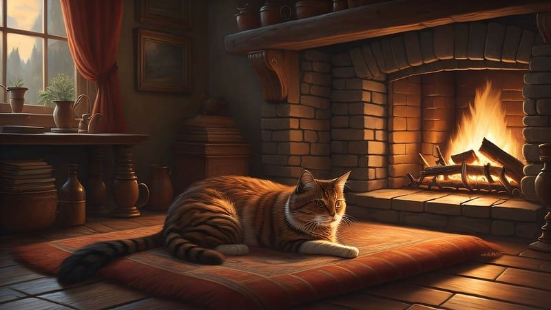 By the fireplace, kandallo, cica, macska, allat, HD wallpaper