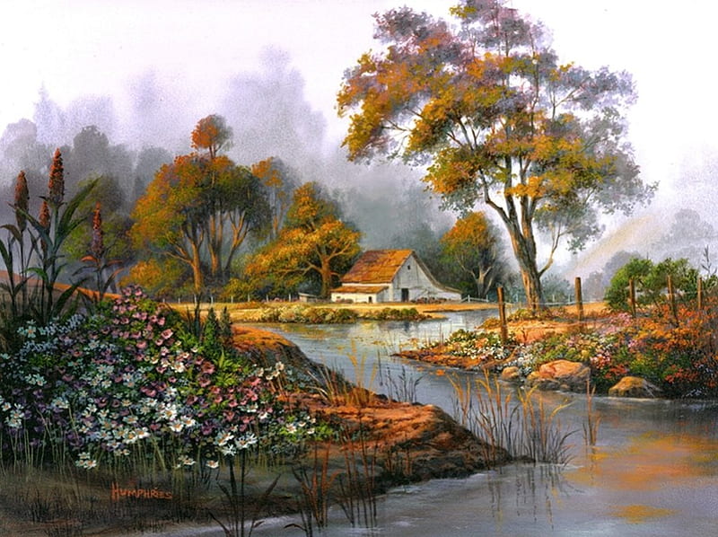 Cottage at the River Bend, countryside, water, painting, flowers, trees, artwork, HD wallpaper