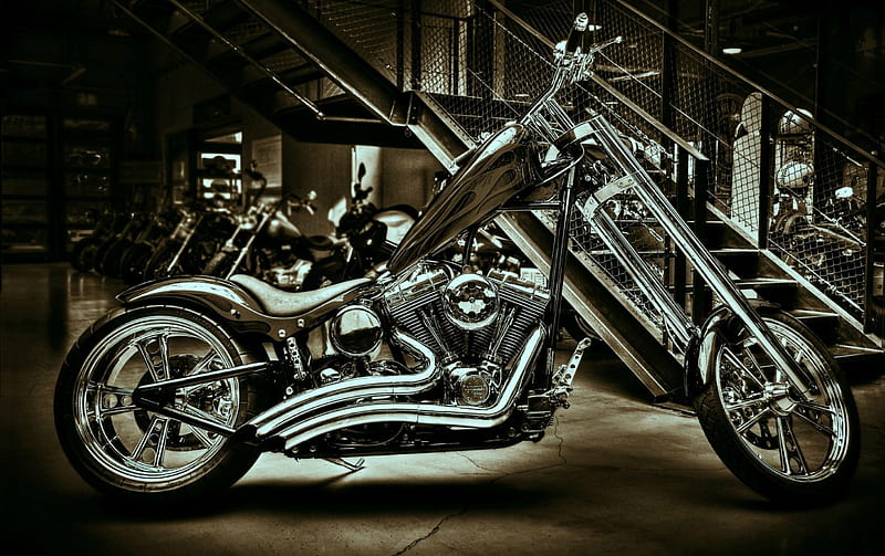 Custom Harley, Harley Davidson, black and white, stairs, chrome, motorcycle, motorcycles, bike, Harley, chopper, steps, HD wallpaper