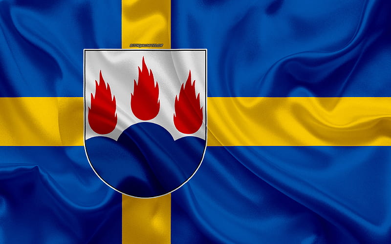 Coat of arms of Vastmanland lan silk flag, Swedish flag, Vastmanland County, Sweden, flags of the Swedish lan, silk texture, Vastmanland lan, coat of arms, HD wallpaper