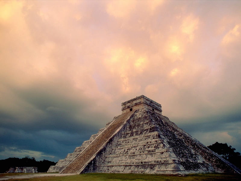 Chichen Itza - Mexico, cloud, view, sky, Chichen Itza, mayan, Mexico, scenery, pink, pyramis, toltec, blue, HD wallpaper