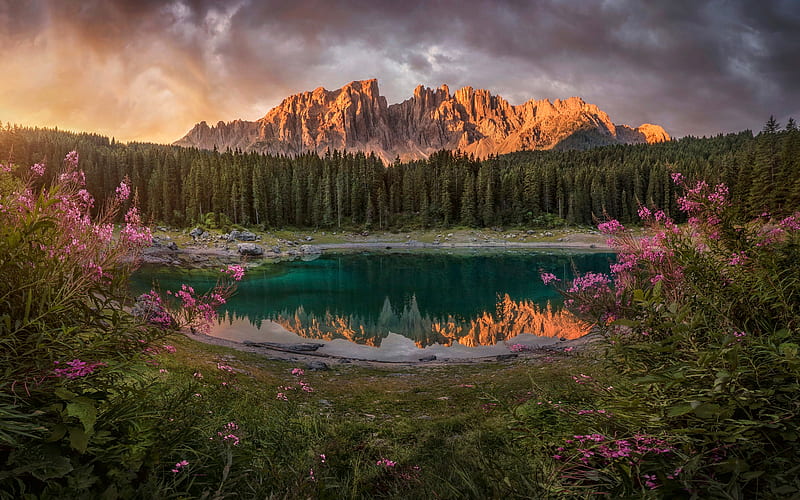 Lake Carezza, italian landmarks, sunset, Mount Catinaccio, mountains, South Tyrol, Europe, Italy, Dolomites, HD wallpaper