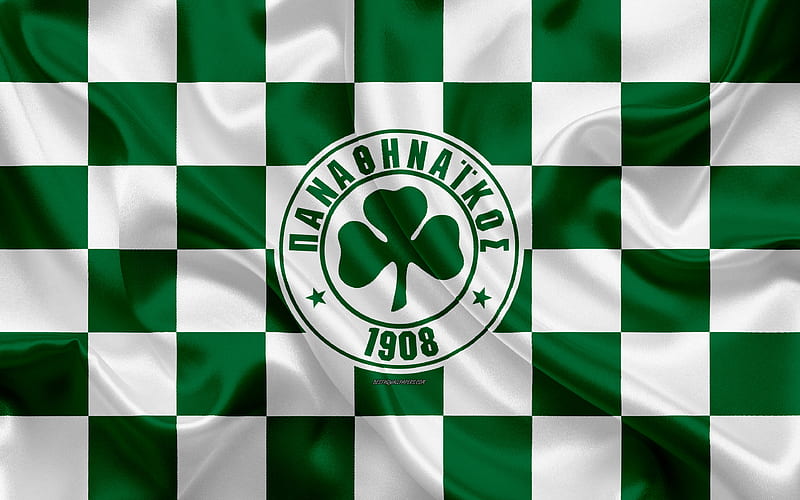 Panathinaikos FC logo, creative art, green and white checkered flag, Greek football club, Super League Greece, emblem, silk texture, Athens, Greece, football, HD wallpaper