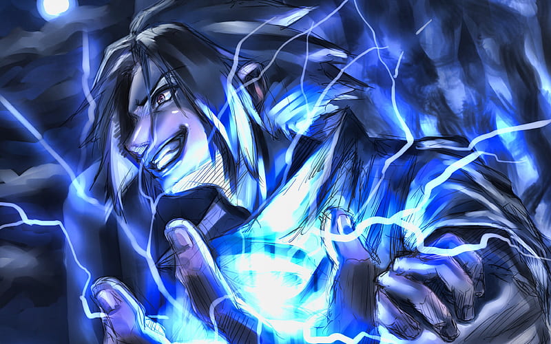 Sasuke Uchiha Naruto characters, blue lightings, manga, artwork, Naruto, Sharingan, HD wallpaper