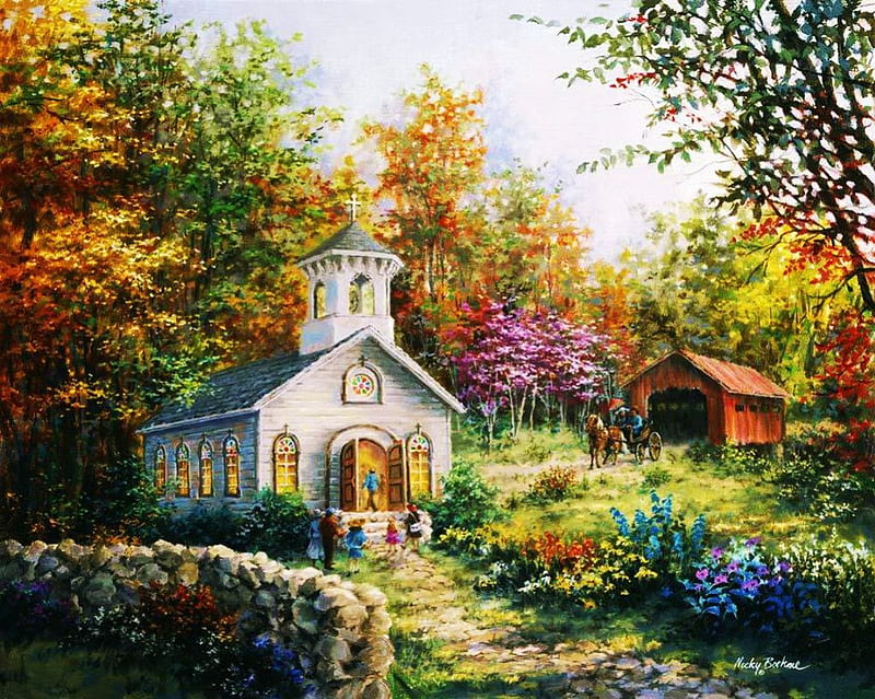 Little Church, covered bridge, painting, flowers, path, nature, HD wallpaper