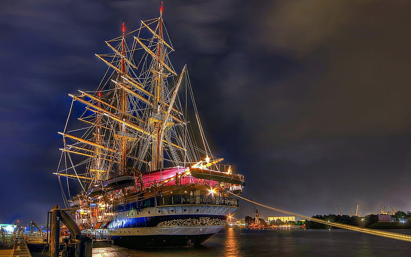 the sailing ship amerigo vespucci, dock, clouds, sailing ship, lights, harbor, night, HD wallpaper