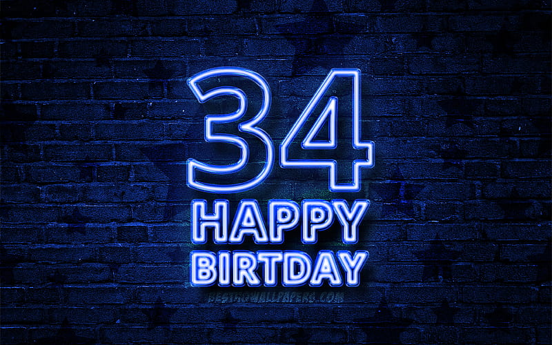 Happy 34 Years Birtay blue neon text, 34th Birtay Party, blue brickwall, Happy 34th birtay, Birtay concept, Birtay Party, 34th Birtay, HD wallpaper