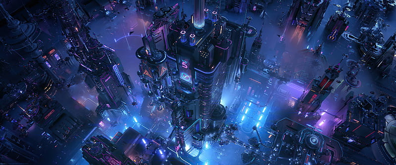 futuristic cityscape, skyscrapers, architecture, neon lights, spaceships, Sci-fi, HD wallpaper